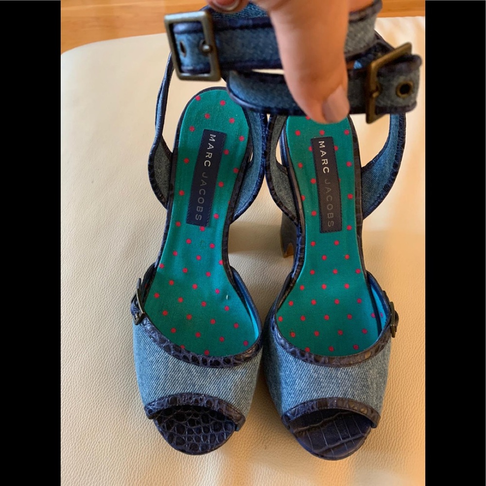 New denim with navy leather trim platform wedges!